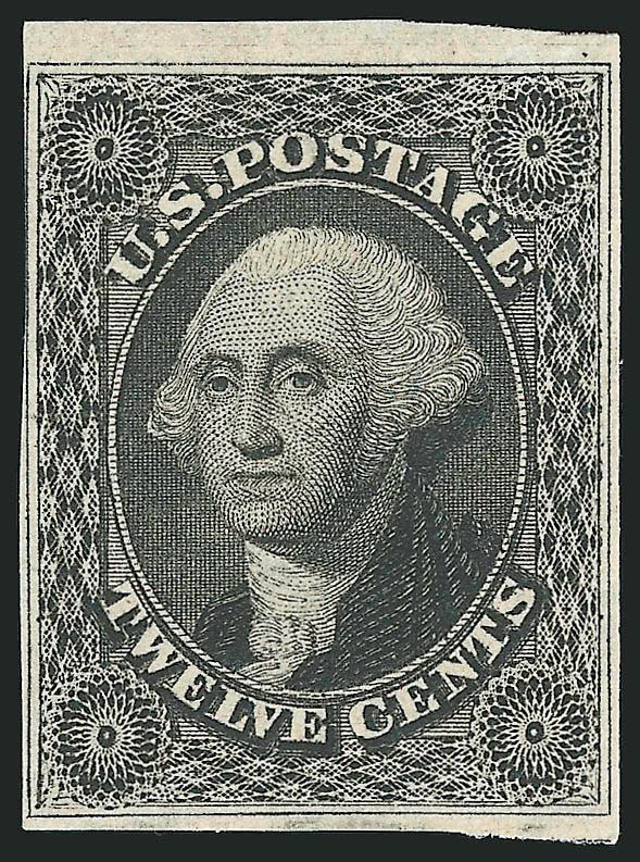 12c Black (17).> Original gum, lightly hinged, large margins to just barely in incl. <sheet margin at top,> intense shade and impression, light vertical crease, Fine appearance, with 1980 and 2007 P.F.
certificates