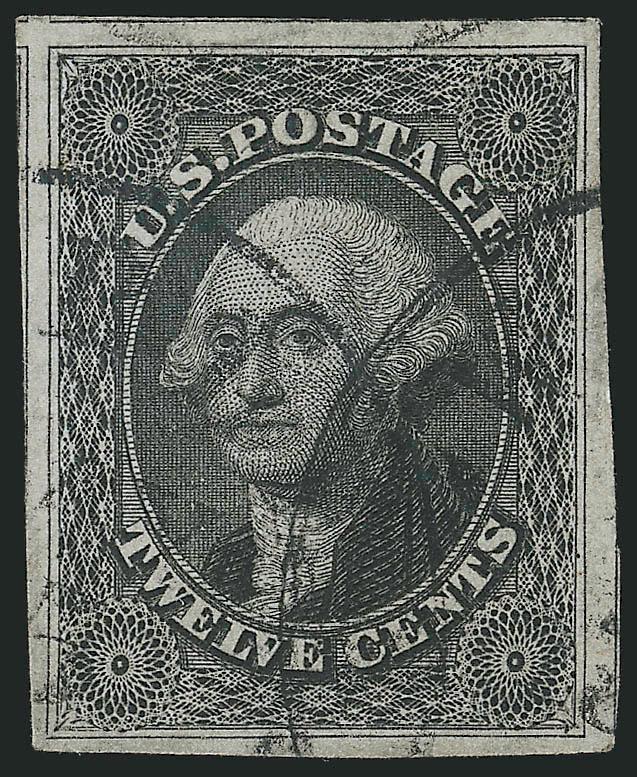 12c Black (17).> Large to huge margins showing parts of three adjoining frame lines and tiny bit of adjacent stamps frame line corner at top left, clear impression, neat circular datestamps, Extremely Fine Gem,
with 2009 P.S.E. certificate (XF-Super
