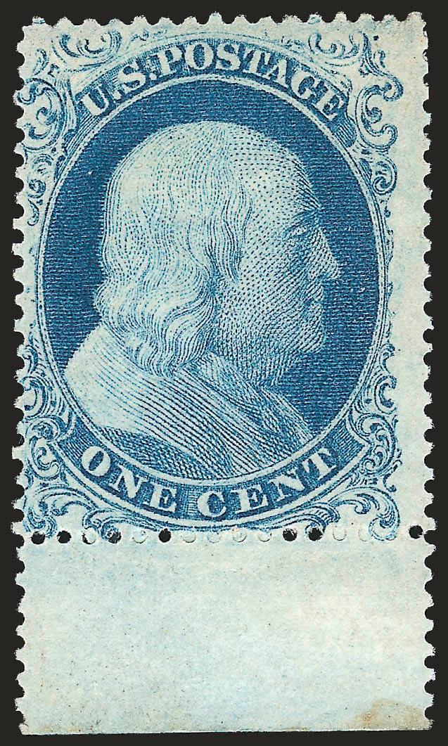 1c Blue, Ty. I (18).> Original gum, <selvage at bottom> and showing full design at bottom, rich color, Fine, with 2007 P.F. certificate (Fine 70)