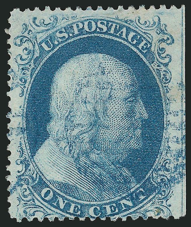 1c Blue, Ty. I (18).> Straddle margin with full guideline at right, radiant color, neat strike of <blue grid> cancel, Very Fine