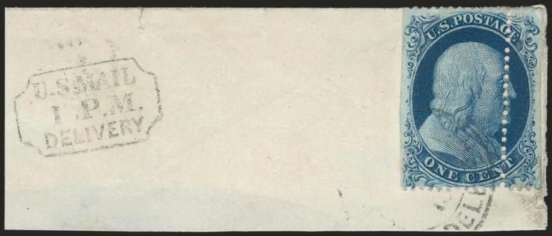 1c Blue, Ty. Ia (19).> Manually separated by scissors at sides because of <dramatically misaligned vertical perforations,> cut apart with full margins at the sides, exceptionally well-centered horizontally as
well, rich plate 4 color, tied on piece b