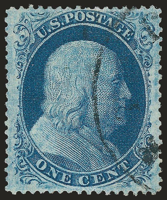1c Blue, Ty. III (21).> Plate 12, deep rich color on fresh paper, unusually choice centering for this difficult issue, unobtrusive circular datestamp<><>^EXTREMELY FINE. A LOVELY EXAMPLE OF THE 1857 ONE-CENT
TYPE III, WHICH CLEARLY SHOWS THE CHARAC
