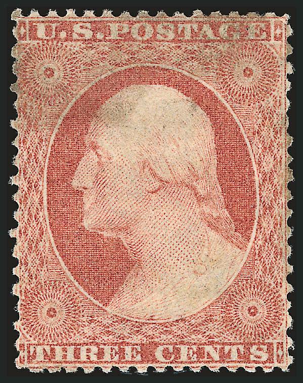 3c Rose, Ty. I (25).> Part original gum, well-centered for this tightly-spaced issue, soiling at top, some perf tip gum soaks, otherwise Very Fine