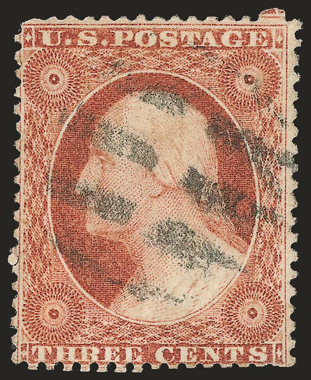 3c Rose, Ty. I, Recut Bust (25 var).> Position 47R6, clear recut of lines on bust and bottom of medallion circle, bright shade, margins clear to just in at bottom, grid cancel, Fine and attractive example of
this scarce recut variety, plated by Dr.