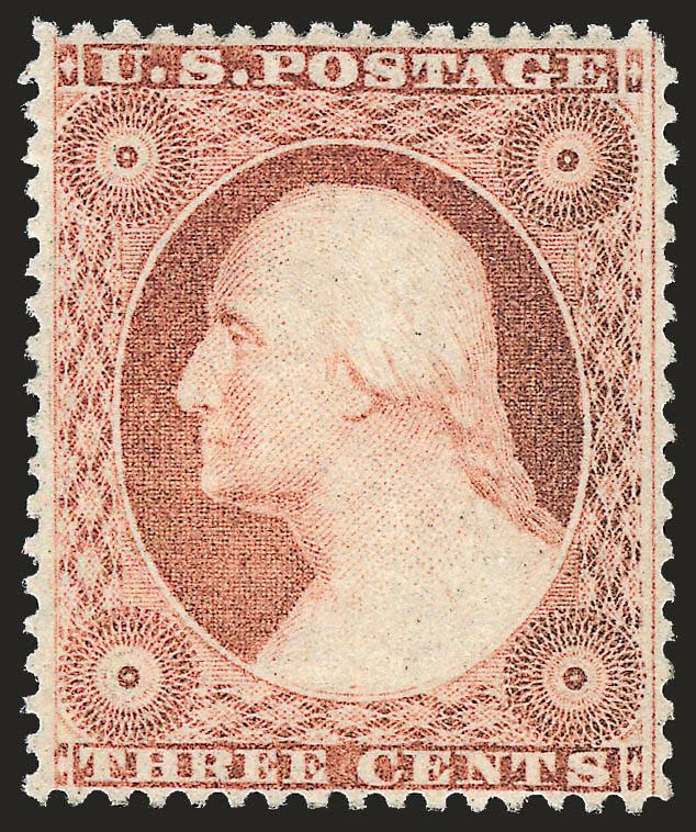 3c Dull Red, Ty. III (26). Mint N.H.,> beautifully centered with unusually wide margins, clear of design all around, fresh and bright, Extremely Fine, with 2009 P.S.E. certificate (XF 90 SMQ $510.00), Scott
Retail as hinged, SMQ price as Mint N.H.