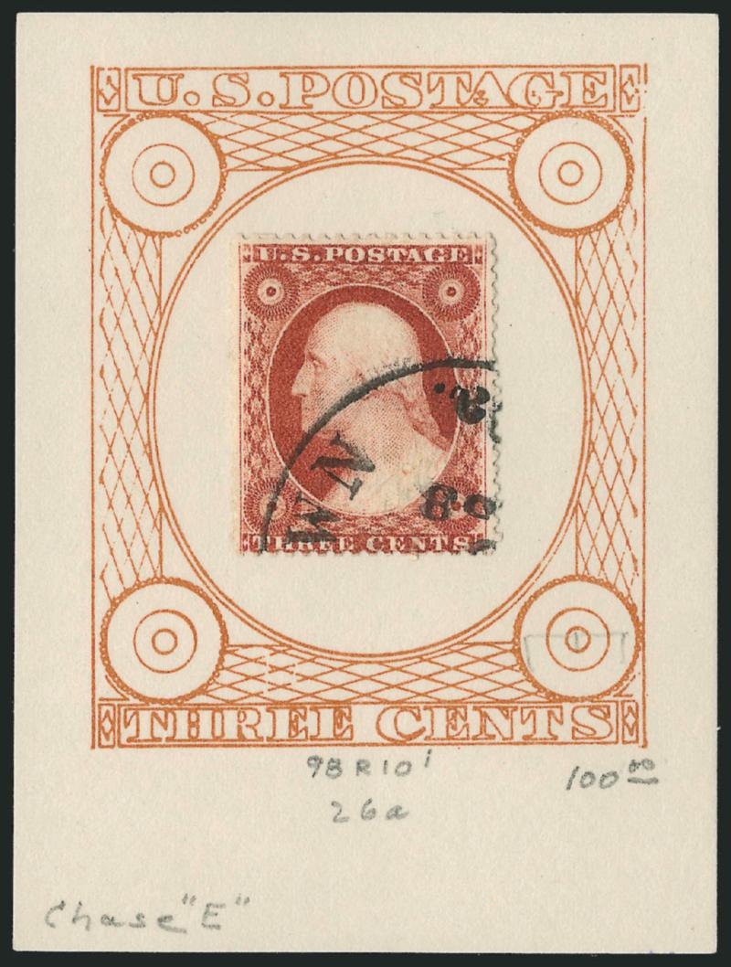 3c Claret, Ty. IV, Double Transfer, Line Through Rosettes (26A var).> Six stamps, four from Pos. 61R10L and two from Pos. 98R10i, each showing the Scott-listed Double transfer, Line thru Rosettes, one defective
with corner torn, another partially sci