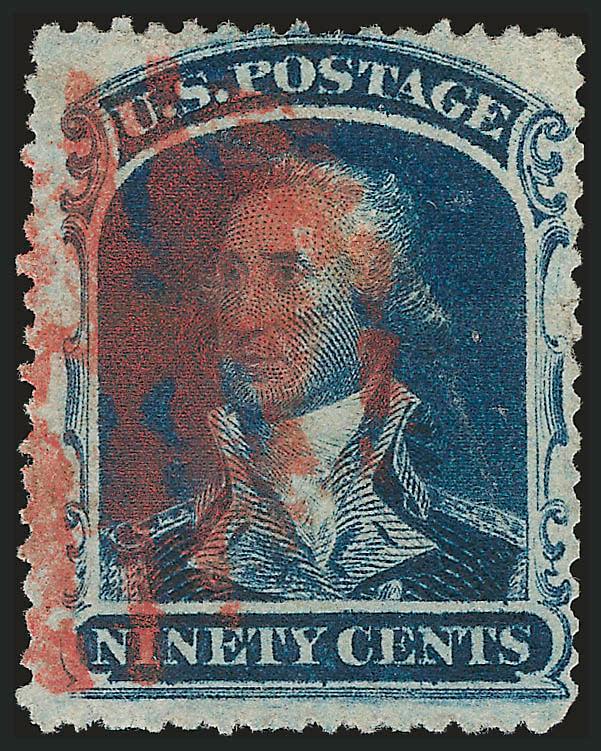 90c Blue (39).> Red grid cancel, tiny margin repair and partially reperfed at right, single short perf at top, otherwise Fine, handsome example of this rare used 90c 1860