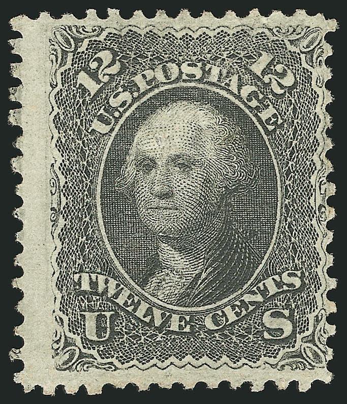 12c Black, Z. Grill (85E).> Part original gum which covers the entire back of the stamp, harshly described on accompanying certificate as traces of original gum, intense color, clearly-defined grill<><>^A FINE
UNUSED EXAMPLE OF THE 1868 12-CENT Z