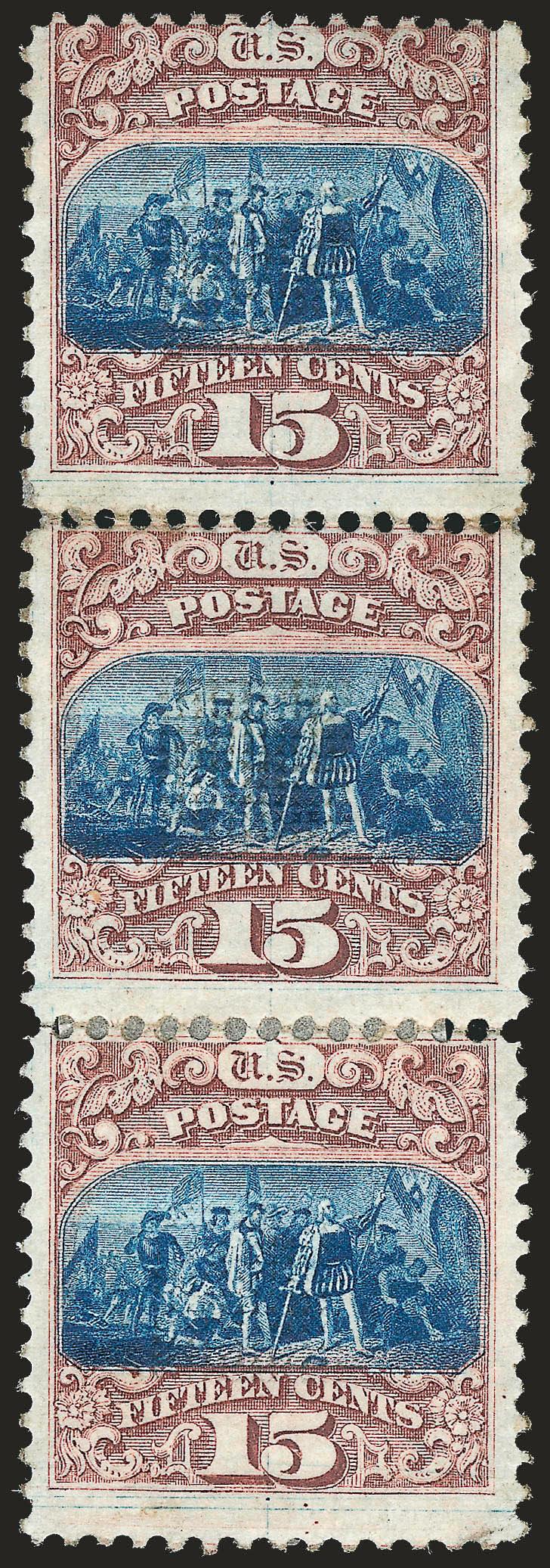 15c Brown & Blue, Ty. I (118).> Rejoined vertical strip of three, small part original gum, Very Good, Scott Retail as original gum