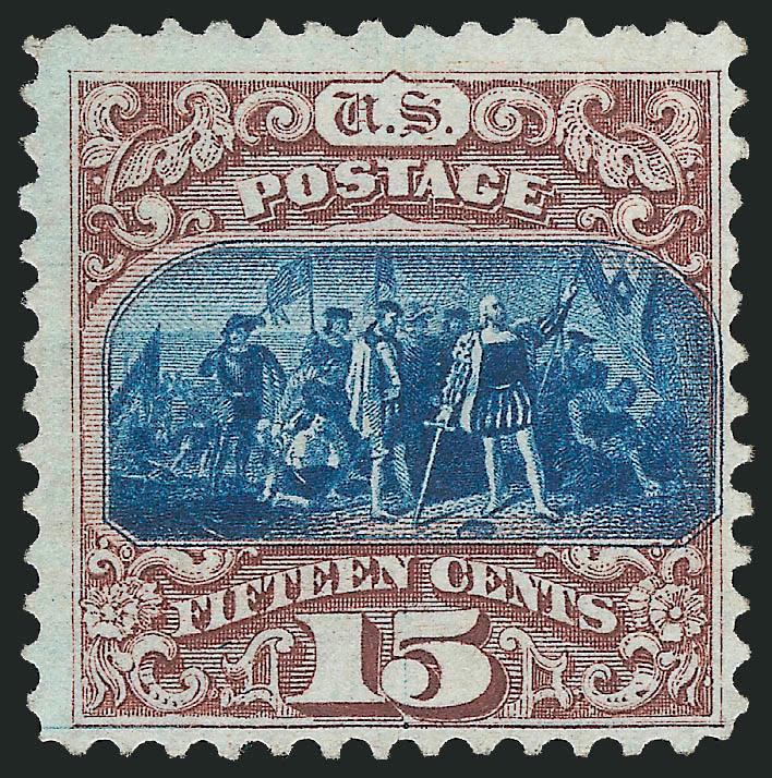 15c Brown & Blue, Ty. I, Without Grill (118a).> Unused (no gum), outstanding strong colors and sharp impression<><>^FINE. A RARE 1869 PICTORIAL ISSUE VARIETY.^<><>With 2008 decline opinion P.F. certificate
which reads it is a genuine Scott 118
