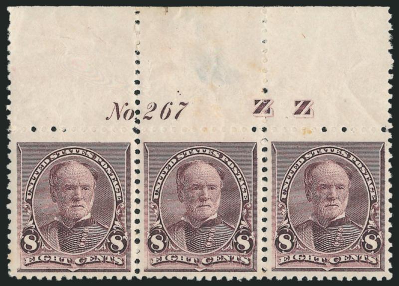 8c Lilac (225).> Top ZZ and plate no. 267 strip of three, original gum, hinged in selvage and thinned, stamps Mint N.H., all three beautifully centered with uncharacteristically wide margins, right stamp tiny
margin toning speck, some natural gum c