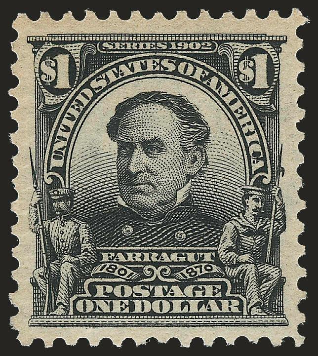 $1.00 Black (311).> Mint N.H., intense shade and impression, choice centering with well-proportioned margins<><>^EXTREMELY FINE. A BEAUTIFUL MINT NEVER-HINGED EXAMPLE OF THE $1.00 1902 ISSUE.^<><>Ex Lyons and
Scarsdale. With 1992 and 1999 P.F. ce