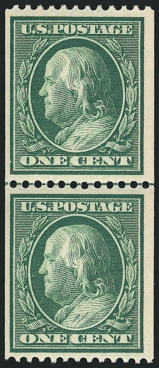 1c Green, Coil (385).> Mint N.H. guide line pair, fresh color, detailed impression, Very Fine, with 2000 P.F. certificate