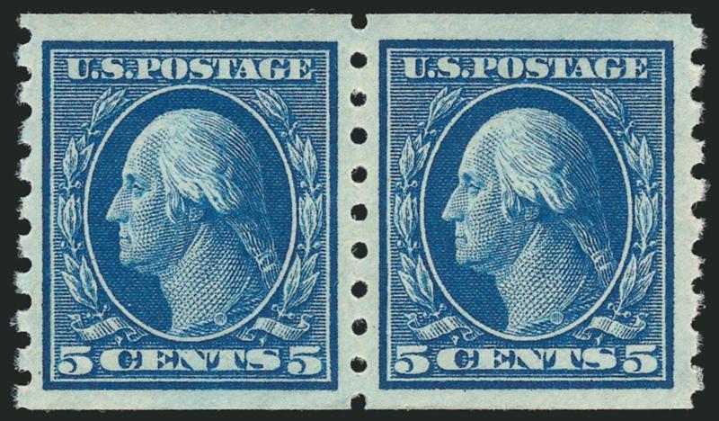 5c Blue, Coil (396).> Pair with 2.6mm spacing, rich color on bright paper, wide and balanced margins, Extremely Fine, with 2007 P.F. certificate