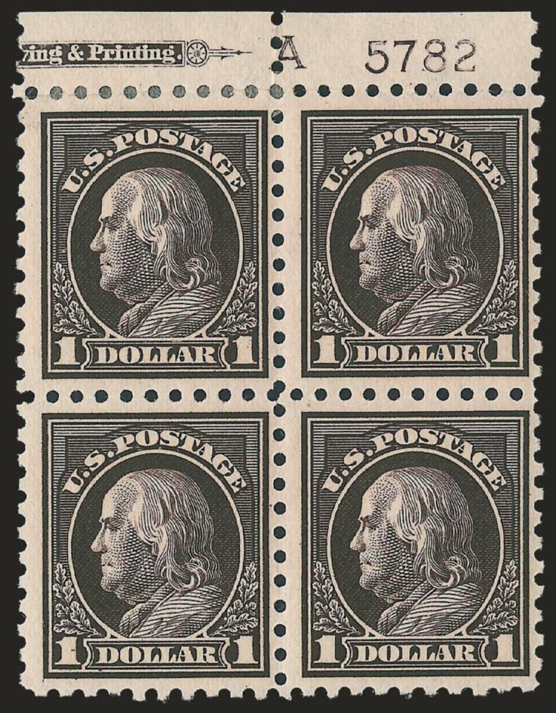 $1.00 Violet Black (460).> Block of four with part top imprint, A and plate no. 5782 selvage, h.r. between selvage and top left stamp, bottom pair lightly hinged, top right natural gum skip, Fine