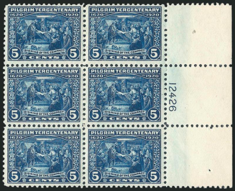 5c Pilgrim Tercentenary (550).> Wide right plate no. 12426 block of six, couple stamps lightly hinged, rich color, Fine-Very Fine