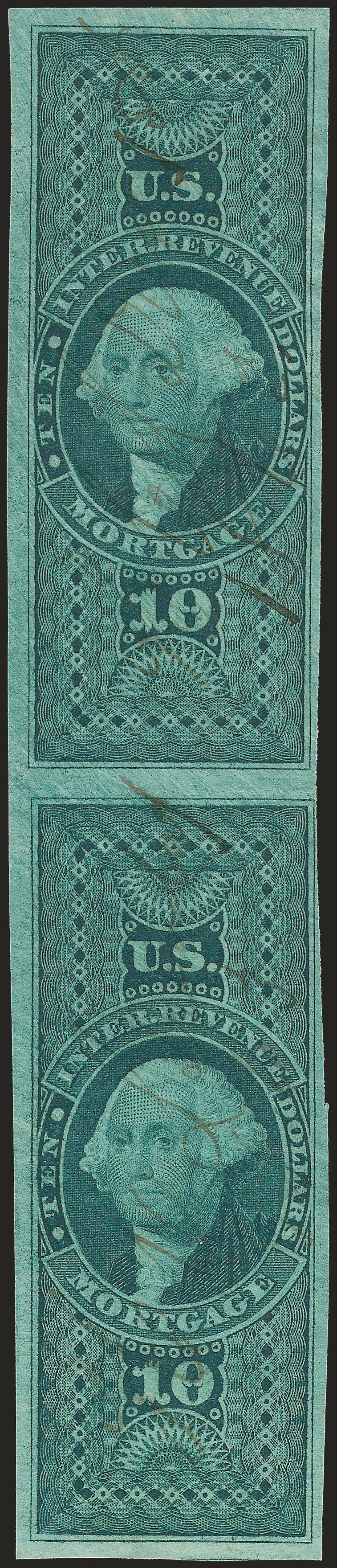 $10.00 Mortgage, Imperforate (R95a).> Vertical pair, just clear to large margins, rich color, light ms. cancels, Fine-Very Fine, only one other vertical pair listed in the Curtis survey