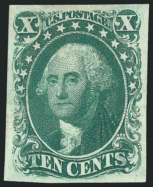 10c Green, Ty. III (15).> Original gum, large even margins, rich color on bright paper<><>^EXTREMELY FINE. A BEAUTIFUL ORIGINAL-GUM EXAMPLE OF THE IMPERFORATE 1855 10-CENT TYPE III.^<><>Ex Hoffman. With 2006 P.F.
certificate (VF-XF 85)