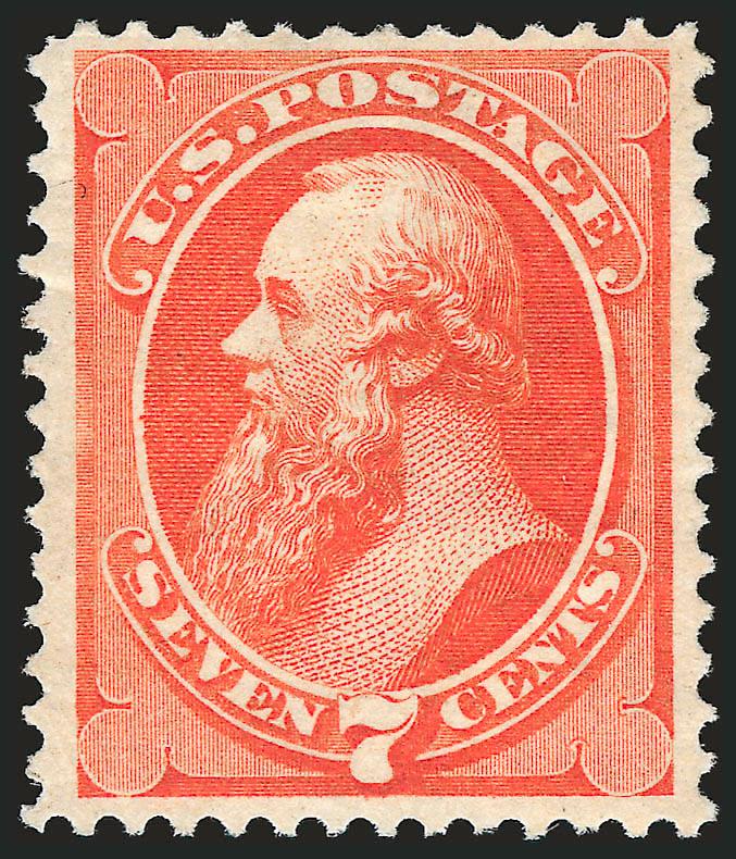 7c Orange Vermilion (160).> Original gum, lightly hinged, radiant color, choice centering with unusually wide margins<><>^VERY FINE AND CHOICE. A BEAUTIFUL ORIGINAL-GUM EXAMPLE OF THE 1873 7-CENT CONTINENTAL
BANK NOTE ISSUE.^<><>Ex Odeneal. With