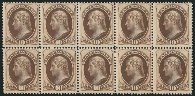 10c Brown (161).> Block of ten, original gum, <positions 6 and 7 Mint N.H.>, balance lightly hinged, deep rich color, faint horizontal bends not noted on accompanying certificate, top left stamp with tiny corner
crease<><>^VERY FINE APPEARANCE. A R