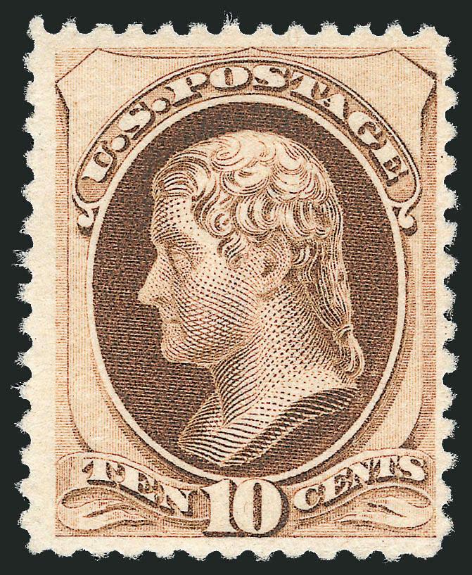 10c Brown, Without Secret Mark (187).> Original gum, attractive shade and crisp impression<><>^FRESH AND VERY FINE ORIGINAL-GUM EXAMPLE OF THE 10-CENT 1879 AMERICAN BANK NOTE COMPANY ISSUE WITHOUT SECRET
MARK.^<><>With 2005 P.F. certificate