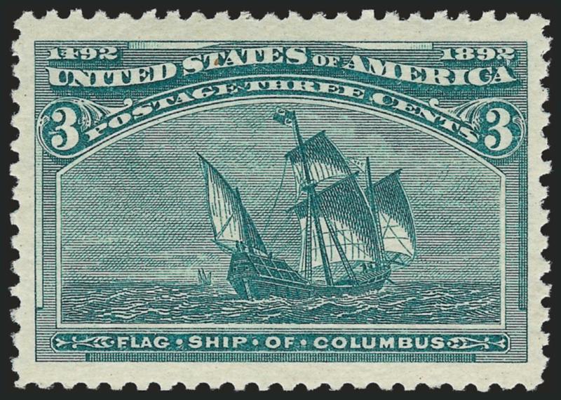 3c Columbian (232).> Mint N.H., incredible Jumbo margins and perfectly centered, vibrant color on crisp paper, Extremely Fine Gem, with 2004 P.F. and 2007 P.S.E. certificates (XF-Superb 95 Jumbo SMQ $625.00 for
95, $2,300.00 as 98)