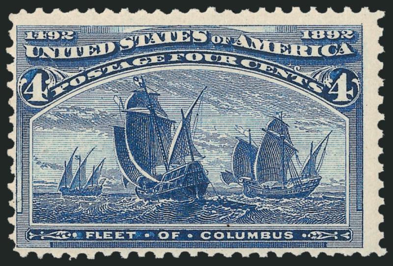 4c Columbian, Error of Color (233a). Mint N.H.,> deep rich color in the darker of the two recognized shades, bright paper, centered to bottom left but with perfs clear of design<><>^FINE AND PRISTINE. ONE OF THE
FEW AVAILABLE MINT NEVER-HINGED EXAM