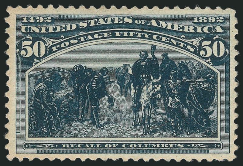 50c Columbian (240).> Original gum, lightly hinged, intense shade and impression, well-proportioned margins, Very Fine and choice, with 2009 P.S.E. certificate (OGph, VF-XF 85 SMQ $620.00)