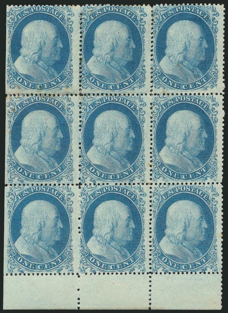 1c Blue, Ty. I, II, IIIa (18, 20, 22).> Positions 71-7381-8391-93R12, block of nine, bottom six stamps Ty. I, top left Ty. IIIa, other two at top Ty. II, natural s.e. at left and <selvage at bottom,> original
gum, lightly hinged, bright shade, few