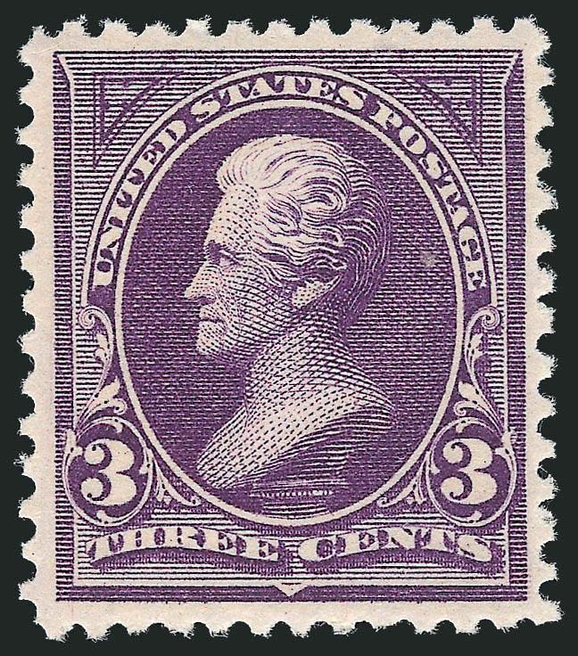 3c Purple (253).> Original gum, barest trace of hinging, beautiful margins and centering, perfect color on crisp paper, Very Fine and choice, with 2002 P.F. certificate for block (this stamp described as never
hinged)