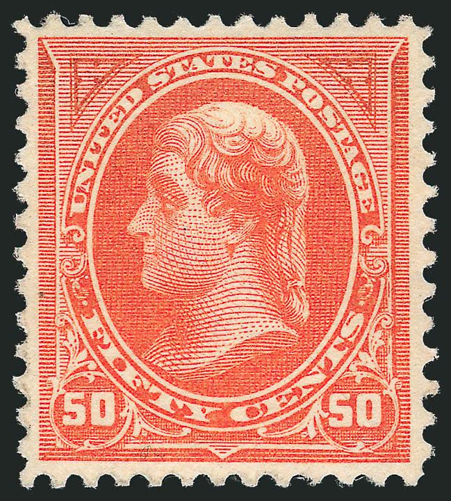 50c Orange (260).> Mint N.H., brilliant color as fresh as the day it was printed, choice centering with well-proportioned margins<><>^EXTREMELY FINE. A SUPERB MINT NEVER-HINGED EXAMPLE OF THE 50-CENT 1894
UNWATERMARKED BUREAU ISSUE.^<><>Ex Odenea