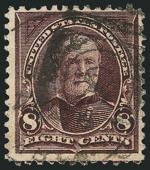 8c Violet Brown, USIR Watermark (272a).> Clear R watermark, partial circular datestamp and oval numeral grid cancel, Fine, very scarce and especially desirable with the positive watermark identification right in
the center of the stamp, with 2009 P