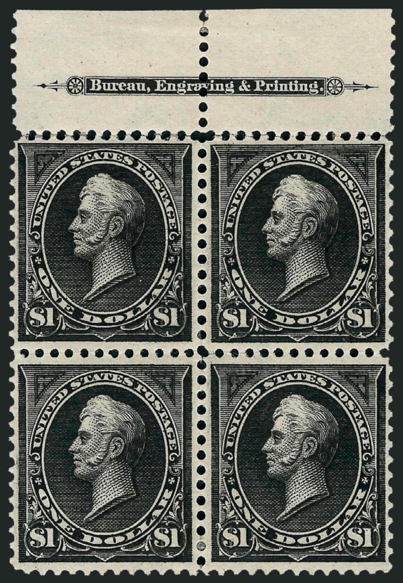 $1.00 Black, Ty. I (276).> Top imprint block of four, original gum, deep shade and proof-like impression, choice centering, perf separations at selvage expertly reattached, bottom left stamp small thin spot at
top<><>^VERY FINE-EXTREMELY FINE APPEA