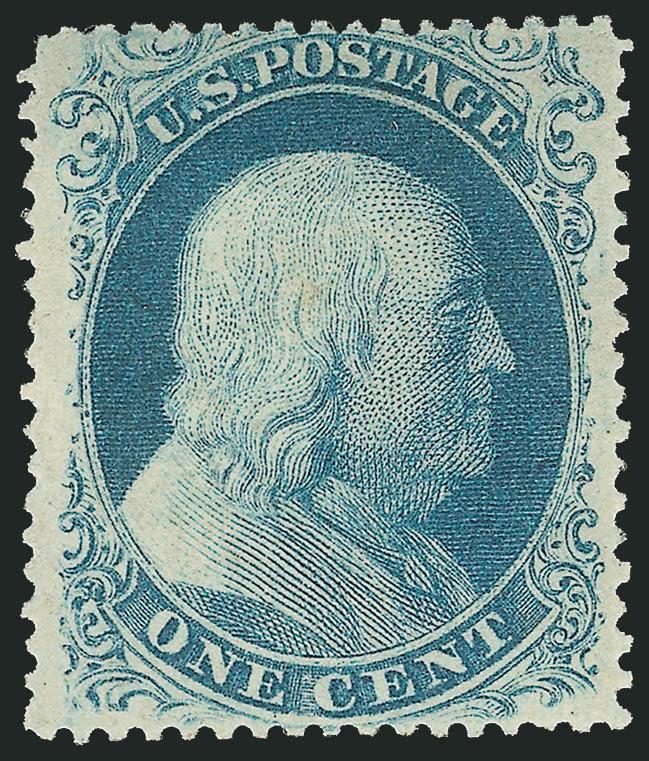 1c Blue, Ty. II (20).> Plate 12, original gum, lightly hinged, deep rich color, unusually wide margins<><>^EXTREMELY FINE. A GORGEOUS ORIGINAL-GUM EXAMPLE OF THE 1857 ONE-CENT PERFORATED TYPE II.^<><>Ex Hansen.
With 1999 P.F. certificate