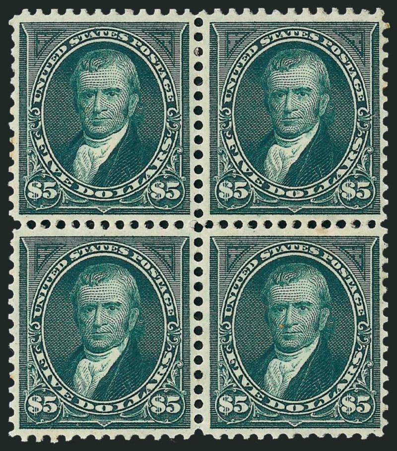 $5.00 Dark Green (278).> Block of four, slightly disturbed original gum, deep rich color and proof-like impression, bottom right stamp small toned spot on one perf at top not mentioned on accompanying
certificates<><>^VERY FINE APPEARANCE. AN EXCEE