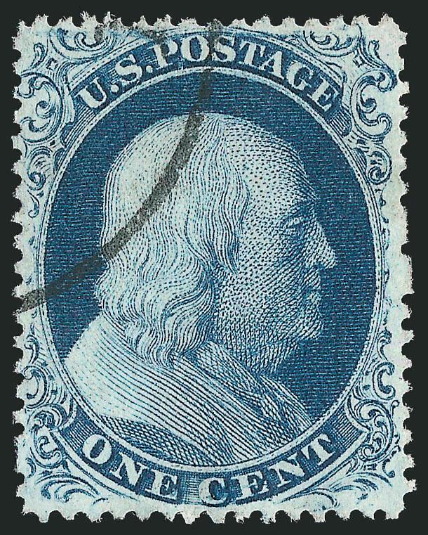 1c Blue, Ty. III (21).> Position 66L4 with clear and wide breaks at top and bottom, intense shade and proof-like impression, cancelled by rim of circular datestamp free of Franklins face, unusually choice
centering with balanced margins<><>^EXTREM