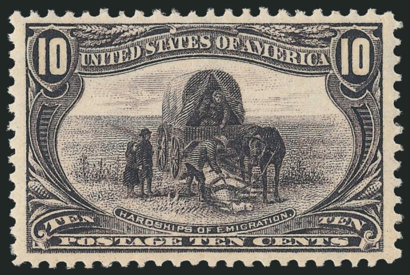 10c Trans-Mississippi (290).> Original gum, barest trace of hinging, appears Mint N.H., superbly centered, strong color and clear impression, Extremely Fine Gem, with 2004 P.S.E. certificate (OGph, XF-Superb 95
SMQ $500.00)