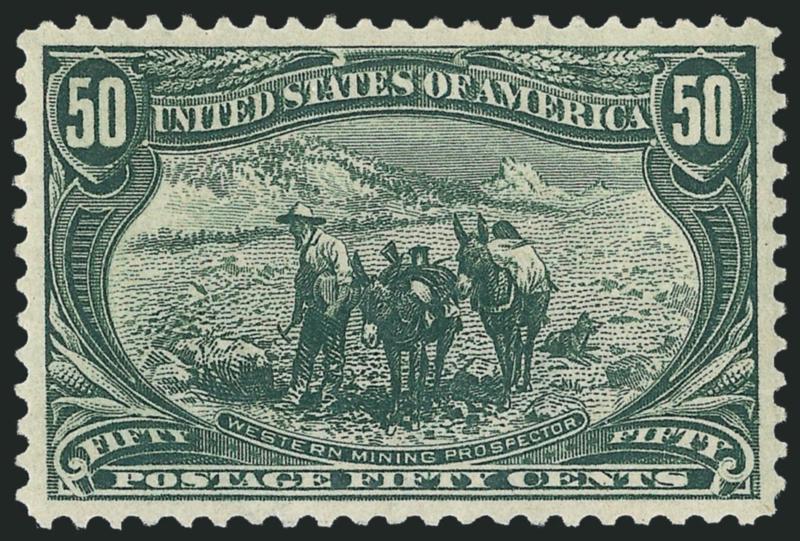 50c Trans-Mississippi (291).> Original gum, lightly hinged, deep rich color and proof-like impression, perfectly centered with unusually wide and balanced margins, long and full perforations all
around<><>^EXTREMELY FINE GEM. AN ABSOLUTELY STUNNING