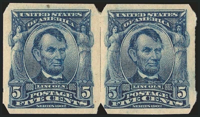 5c Blue, Imperforate, U.S. Automatic Vending Co. Ty. II Private Perforations (315 var).> Pair, small h.r., exceptionally well-centered, tiny natural inclusion in top margin of left stamp, otherwise Extremely
Fine