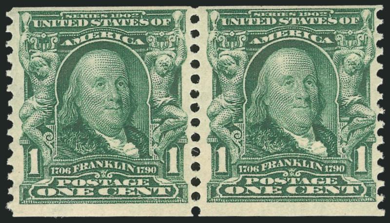 1c Blue Green, Horizontal Coil (318).> Pair, lightly hinged, dark color<><>^FINE EXAMPLE OF THE RARE ONE-CENT 1908 HORIZONTAL COIL.^<><>With 1972, 1992 and 2004 P.F. certificates