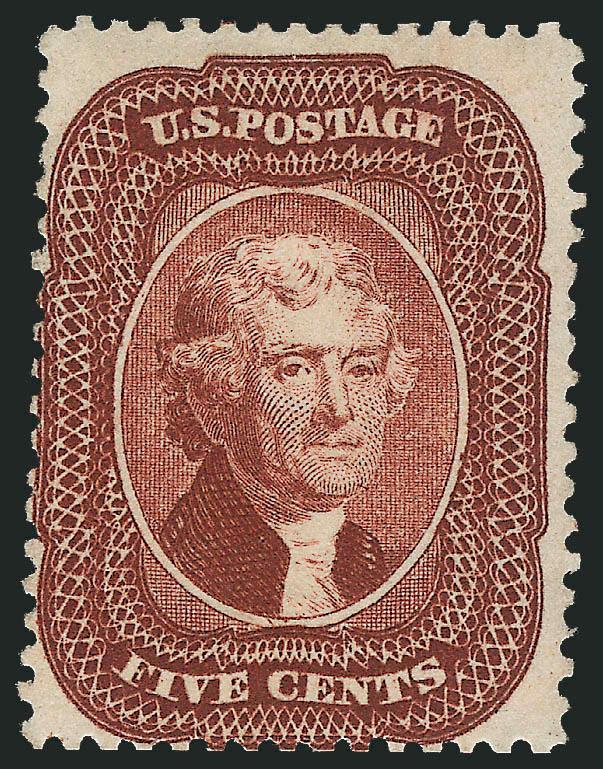 5c Bright Red Brown (28b).> Part original gum, marvelous intense shade on fresh paper<><>^FINE FOR THIS EXTREMELY RARE UNUSED EXAMPLE OF THE 5-CENT 1857 BRIGHT RED BROWN SHADE. THIS IS THE FIRST UNUSED EXAMPLE WE
HAVE EVER OFFERED.^<><>This is th
