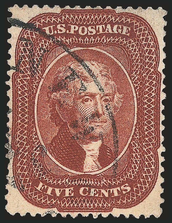 5c Indian Red (28A).> Gorgeous warm color in the unmistakable true Indian Red color and towards the deeper end of the color spectrum, choice centering with outer projections clear of perfs on all sides, neat
strike of New Orleans circular datestamp<