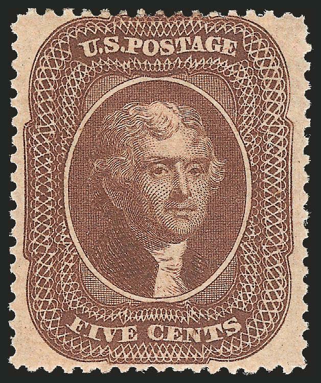 5c Brown, Ty. II (30A).> Original gum, crisp impression, three wide margins, long and full perforations all around<><>^VERY FINE ORIGINAL-GUM EXAMPLE OF THE 1860 5-CENT BROWN TYPE II.^<><>With 1996 and 2009 P.F.
certificates