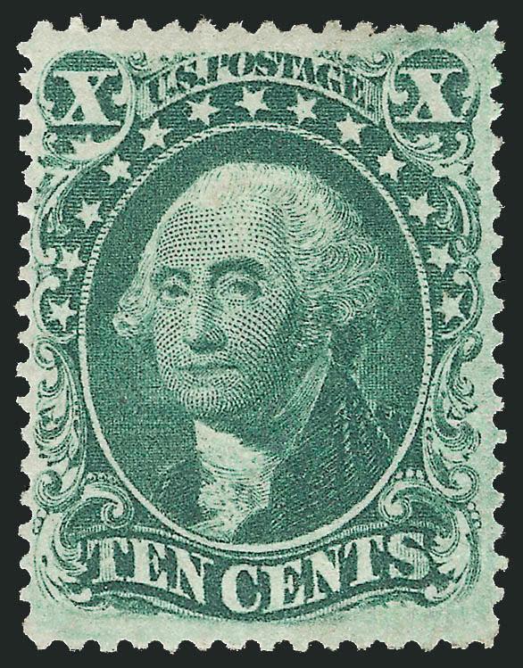 10c Green, Ty. III (33).> Original gum, lightly hinged, wonderful centering with wide even margins, rich color on bright paper<><>^EXTREMELY FINE GEM. ONE OF THE FINEST KNOWN ORIGINAL-GUM EXAMPLES OF THE 1857
10-CENT GREEN FROM PLATE 1. A SPECTACUL