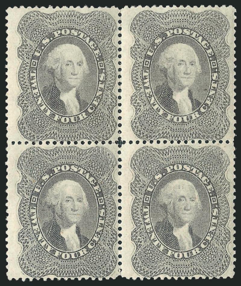24c Gray Lilac (37).> Block of four, original gum and very lightly hinged, wonderfully fresh, sharp color<><>^FINE-VERY FINE. A BRILLIANT ORIGINAL-GUM BLOCK OF FOUR OF THE 24-CENT 1860 ISSUE.^<><>With 2009 P.S.E.
certificate