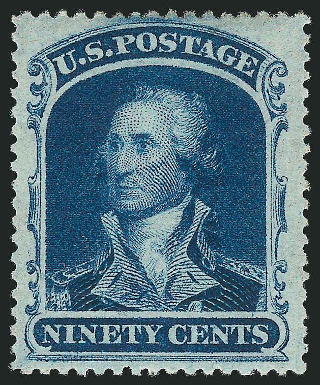 90c Blue (39).> Original gum, lightly hinged, well-proportioned margins, deep rich color, long and full perforations<><>^EXTREMELY FINE. A SPECTACULAR ORIGINAL-GUM EXAMPLE OF THE 90-CENT 1860 ISSUE.^<><>With 2009
P.F. certificate (VF-XF 85)