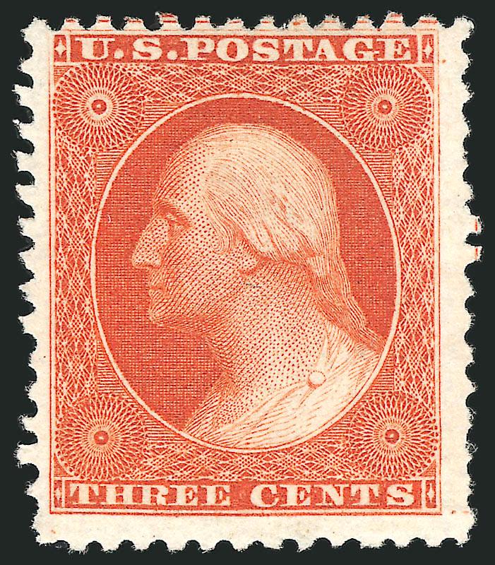 3c Scarlet, Reprint (41).> Without gum as issued, vibrant color on brilliant fresh paper, three enormous margins<><>^VERY FINE. ONE OF THE WIDEST-MARGINED 3-CENT 1857 REPRINTS EXTANT.^<><>Only 479 issued. With
1972 P.F. certificate
