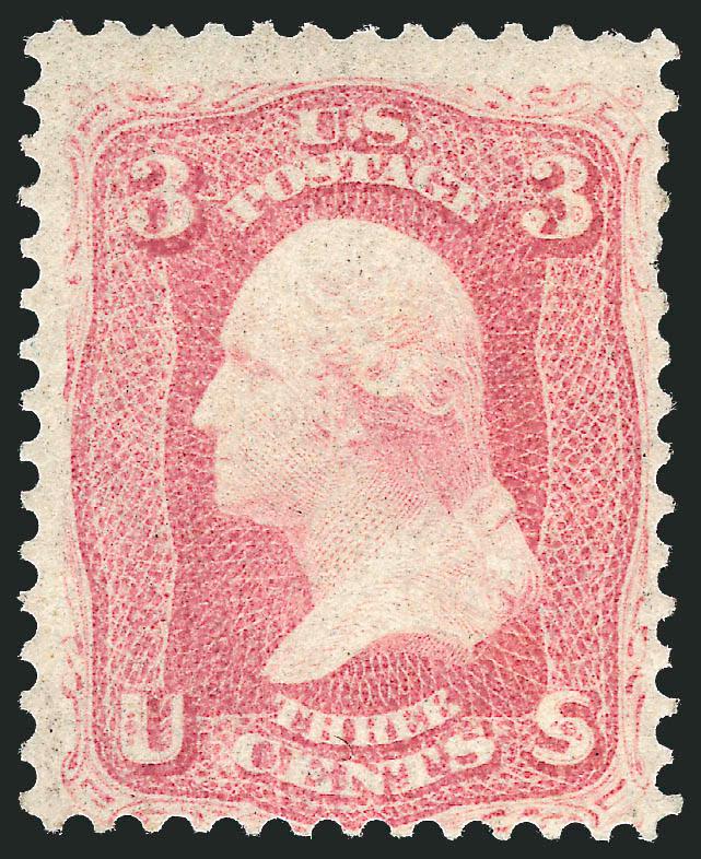 3c Pink (64).> Original gum, barest trace of hinging, intense Pink shade, trivial perf flaw at top right<><>^THE 1861 3-CENT PINK IS AN EXCEEDINGLY DIFFICULT STAMP TO LOCATE IN UNUSED CONDITION WITH GOOD COLOR,
ESPECIALLY WITH FULL ORIGINAL GUM. TH