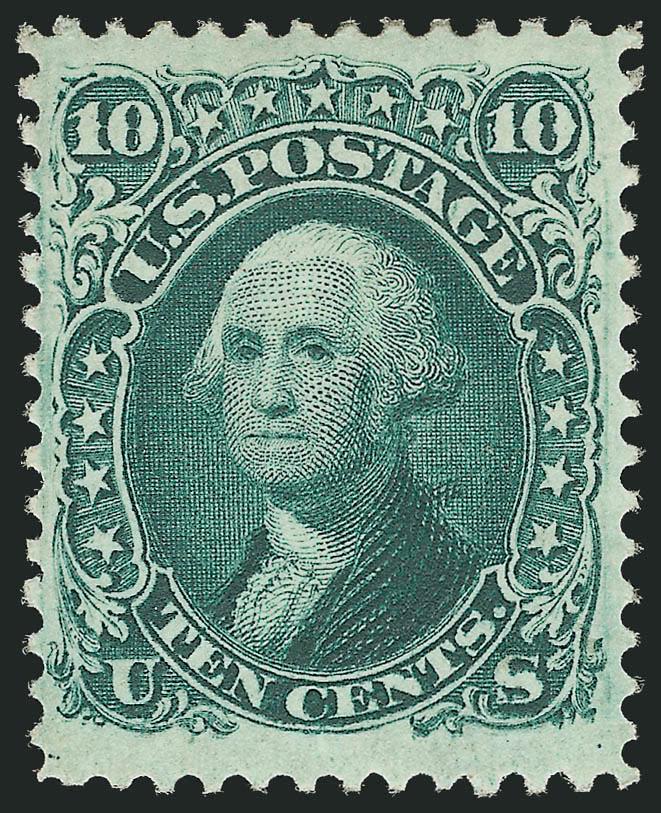 10c Yellow Green, TAG Double Transfer (68 var).> Original gum, deep shade on bright fresh paper, wide margins<><>^EXTREMELY FINE ORIGINAL-GUM EXAMPLE OF THE 10-CENT 1861 ISSUE WITH DOUBLE TRANSFER. AN EXTREMELY
SCARCE STAMP IN THIS SUPERIOR GRADE