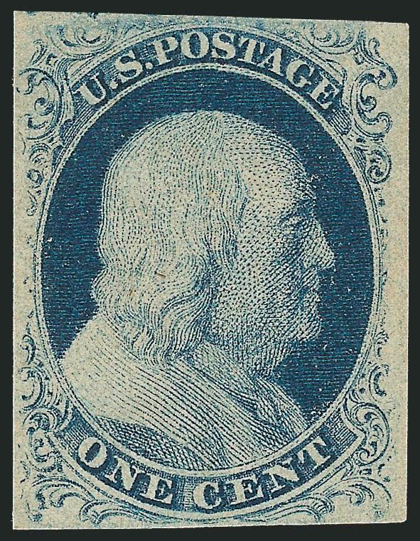 1c Blue, Ty. II (7).> Original gum, barest trace of hinging (almost appears Mint N.H.), large margins all around, deep rich color and choice proof-like impression<><>^EXTREMELY FINE. A GORGEOUS LIGHTLY-HINGED
EXAMPLE OF THE 1851 ONE-CENT TYPE II. S